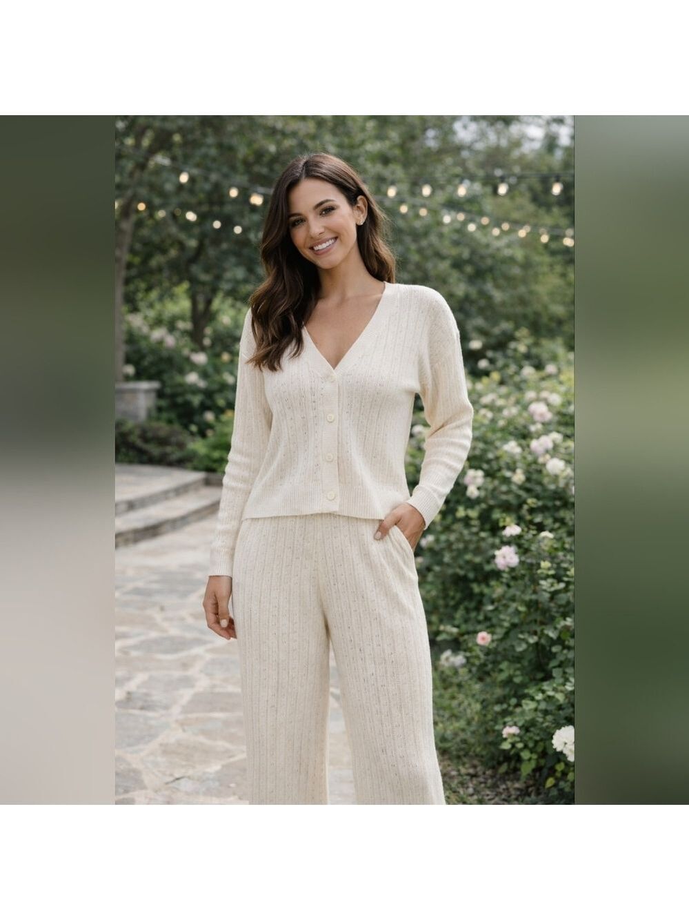 Magnolia Matching Knit Set – Cream Cardigan & Wide-Leg Pants – Women’s Small/Med